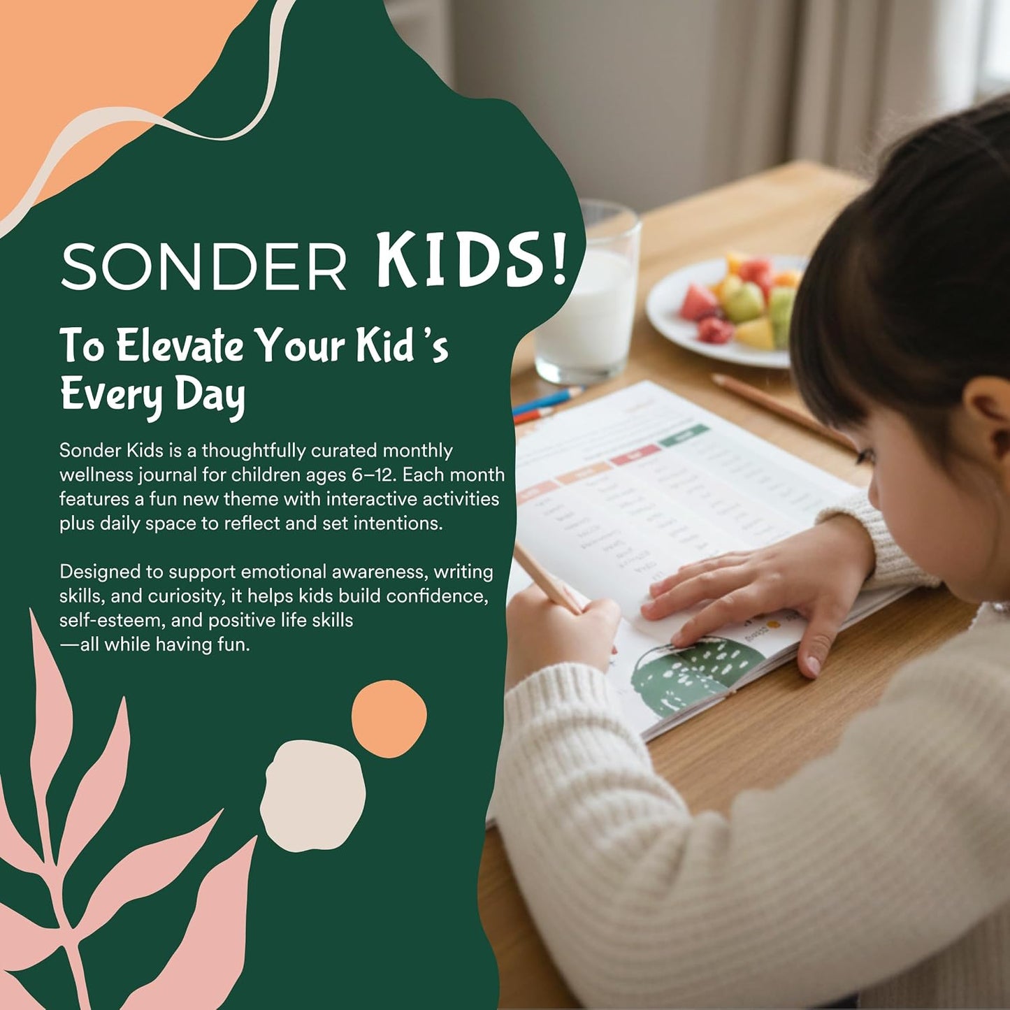 Sonder Kids Wellness Gratitude Journal - Kids Journal for Girls and Boys, Hands-On Activities like Crosswords, Coloring and Nature Prompts, Undated, Ages 6-12, 56 pages