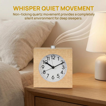 Wooden Analog Alarm Clock Silent Battery Operated with Night Light