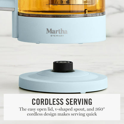Martha Stewart 1.7L Glass Carafe Electric Kettle with Removable Tea Infuser | 7 Cups, 4 Presets, Rapid Boiling, Stainless Steel Tea Leaf Infuser, Cordless Swivel Base, Keep Warm, Auto Shut-Off, Linen