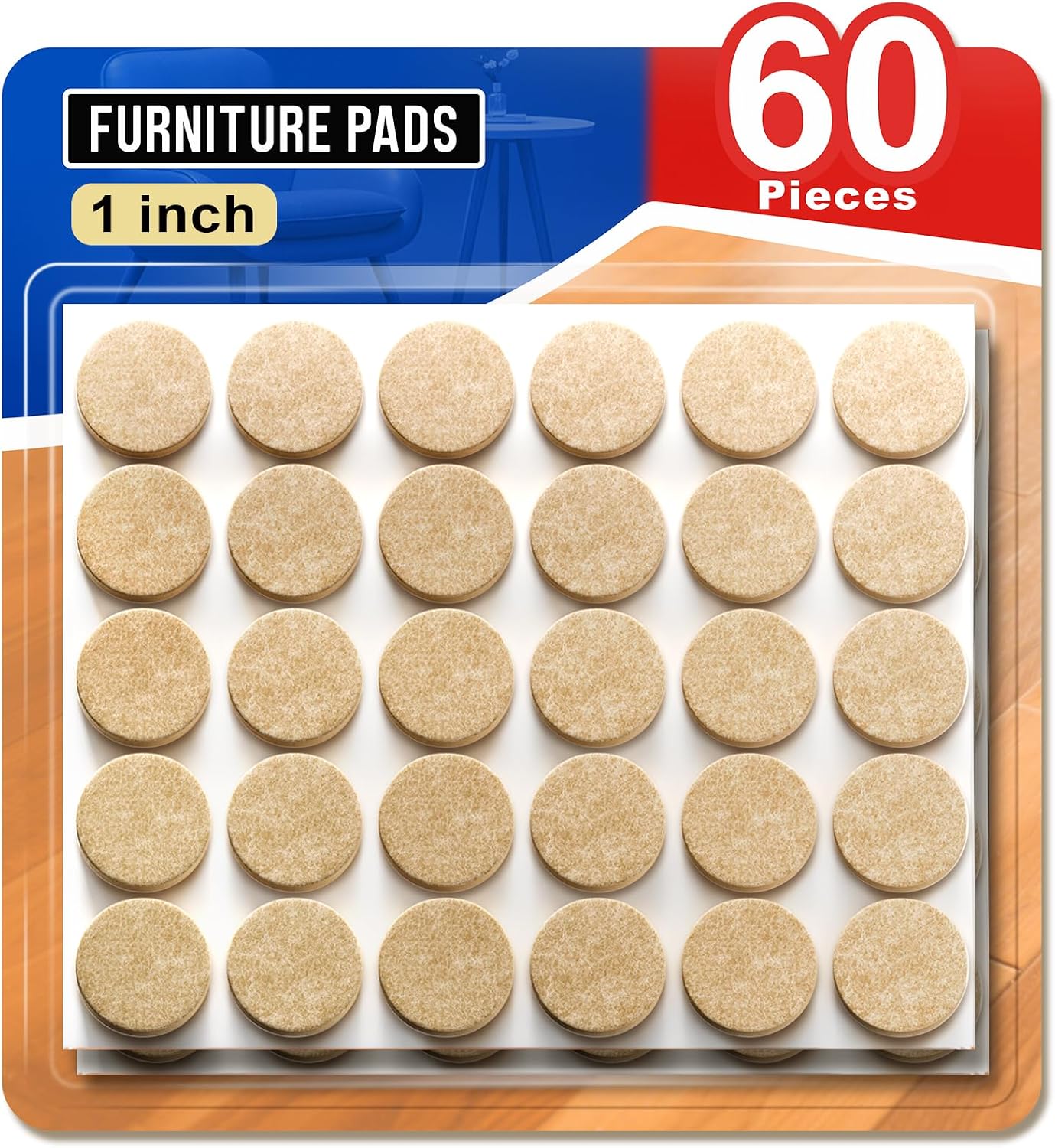 Ansible Felt Furniture Pads Chair Leg Floor Protectors 1" 60PCS | Felt Pads for Hardwood Floors,Self-Adhesive, Reduce Noise and Anti-Scratches,Easy to Install,Beige,Round