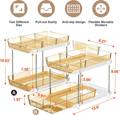 Delamu 2-Tier Multi-Purpose Bathroom Under Sink Organizers and Storage, Stackable Kitchen Pantry Organization, Pull Out Medicine Cabinet Organizer with Movable Dividers, White, 2 Pack
