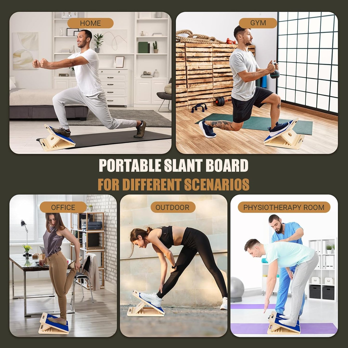 Wooden Slant Board for Calf Stretching, Portable Adjustable Calf Stretch Board with Training Poster & Resistance Bands, 300lb Weight Capacity Calf Ankle Achilles Physical Therapy Leg Exercisers