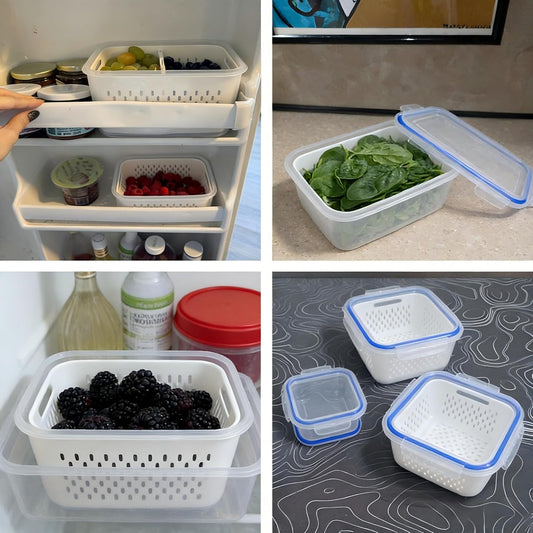 4 in 1 Food Storage Container-2/3 Pack Set with Lids, Fruit Storage Containers for Fridge with Removable Colander,Stackable Fridge Transparent Plastic Storages Box, Dishwasher Safe (Gray, S+M+L)