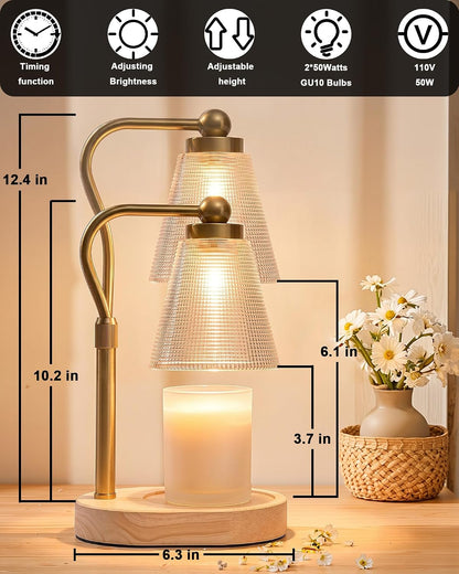 Candle Warmer Lamp with Timer, Dimmable, Adjustable Height, Oval | 2 bulbs included, no flame needed, 1-year warranty, farmhouse or modern decor, for bedroom, kitchen, living room, gifting