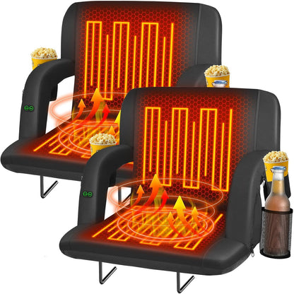 Seeutek Heated Stadium Seats for Bleachers with Back Support | 3 Level Heated Seat & Back (NO Battery), 6 Recline Positions, Soft Cushion, 5 Pockets, Foldable, Anti-Slip, Backpack Straps