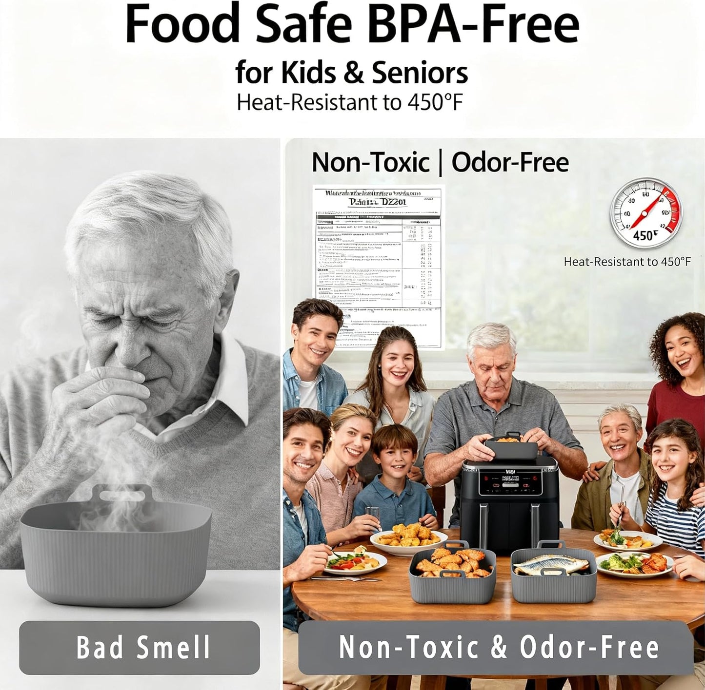 Silicone Air Fryer Liners for Ninja - Reusable DZ201 8QT Dual Basket - Rectangular 2-Pack Vacuum-Packed Easy-Clean Dishwasher-Safe Food-Safe for Home Chefs - Housewarming Gifts