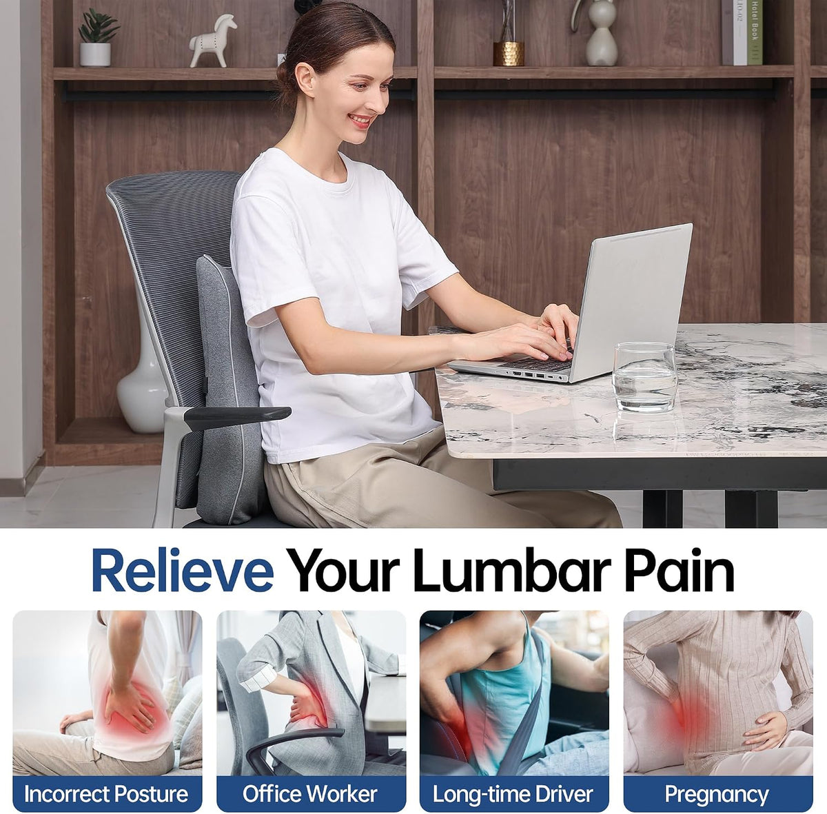 Soft Comfortable Memory Lumbar Support Pillow Back Cushion for Car & Office