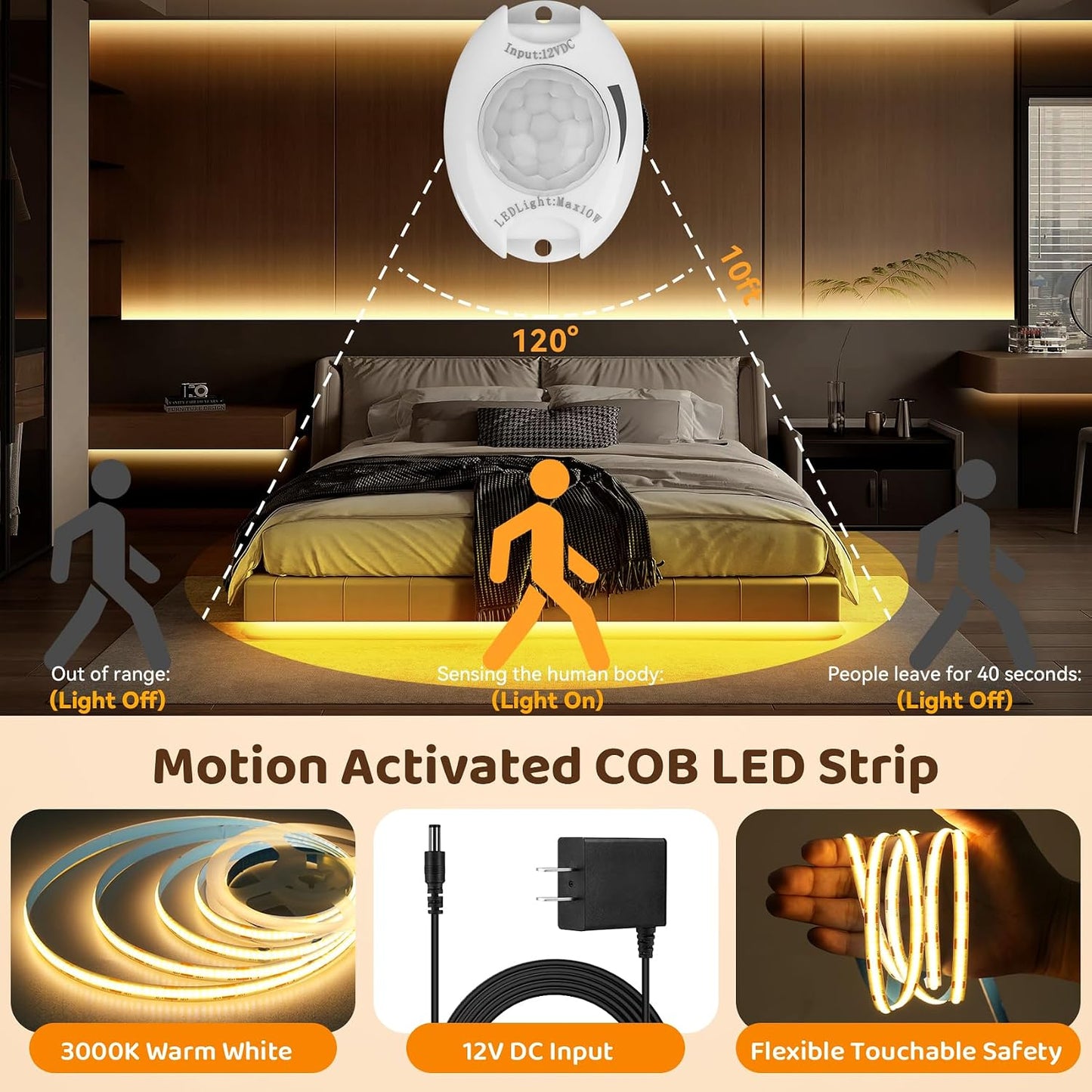 Motion Activated COB LED Strip Bed Lights Warm White,2-Packs 6.56Ft | COB Strips Motion Sensor Light Indoor, 12V Dimmable Auto On/Off Night Lights for Bedroom Under Cabinet Kitchen Closet Stairs