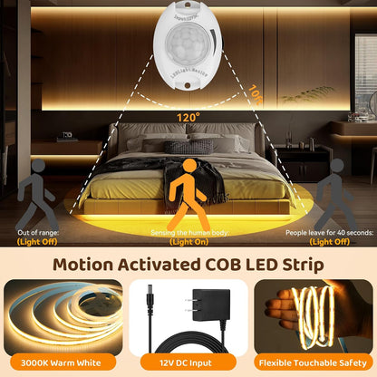 Motion Activated COB LED Strip Bed Lights Warm White,2-Packs 6.56Ft | COB Strips Motion Sensor Light Indoor, 12V Dimmable Auto On/Off Night Lights for Bedroom Under Cabinet Kitchen Closet Stairs