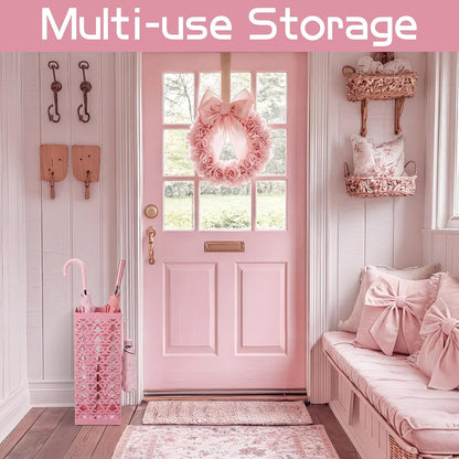 Hicarer Pink Bow Umbrella Holder for Entryway Umbrella Stand with Removable Drip Tray & 4 Hooks Cute Coquette Square Freestanding Walking Sticks Storage Bin for Home Hallway, 16 x 6.3 x 6.3 Inch