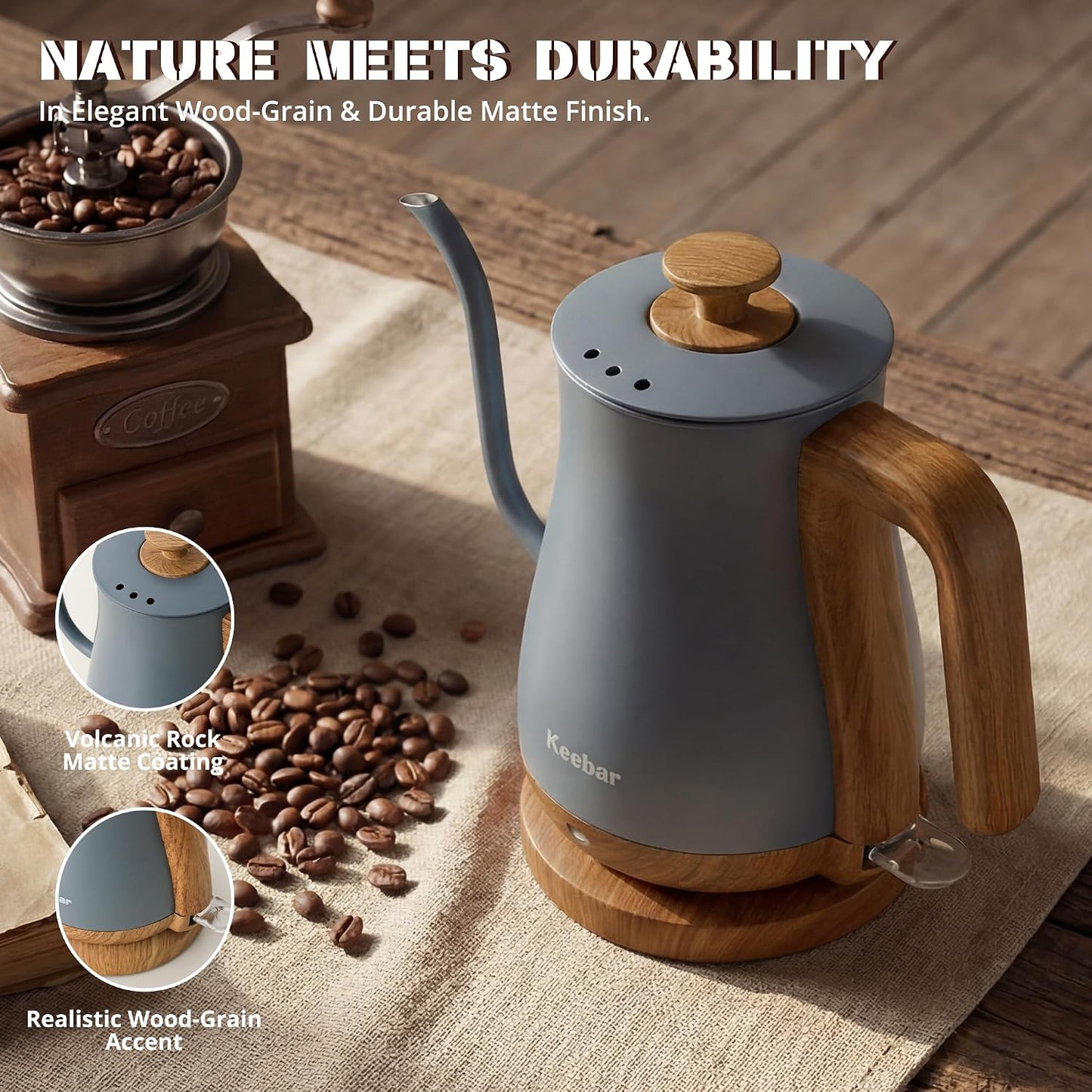 Gooseneck Electric Kettle, 0.8 L, 1000 W, Auto Shut-Off, Light Green | Compact 0.8 L Kettle With Stainless Steel Interior, Gooseneck Pour, Wood-Grain Handle, Auto Shut-Off And Boil-Dry Protection
