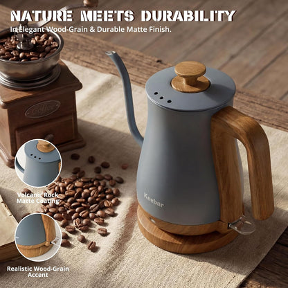 Gooseneck Electric Kettle, 0.8 L, 1000 W, Auto Shut-Off, Light Green | Compact 0.8 L Kettle With Stainless Steel Interior, Gooseneck Pour, Wood-Grain Handle, Auto Shut-Off And Boil-Dry Protection