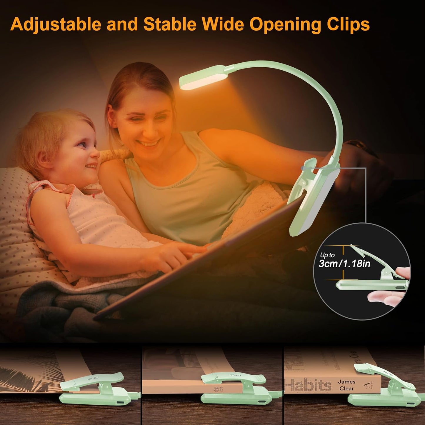 Gritin 16 LED Rechargeable Book Light for Reading in Bed | Eye Caring 3 Color Temperatures,Stepless Dimming Brightness,80 Hrs Runtime,Lightweight Flexible Clip on Light for Book Lovers