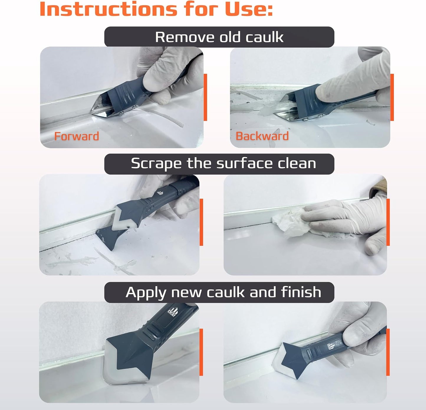 DCP Donseal 3 in 1 Caulking Tool Kit – Silicone Caulking Tool for Removal, Scraping & Finishing – Precise Caulk Remover & Applicator with 5 Tooling Pads – Stainless Steel Caulk Scraper for Smooth Seal