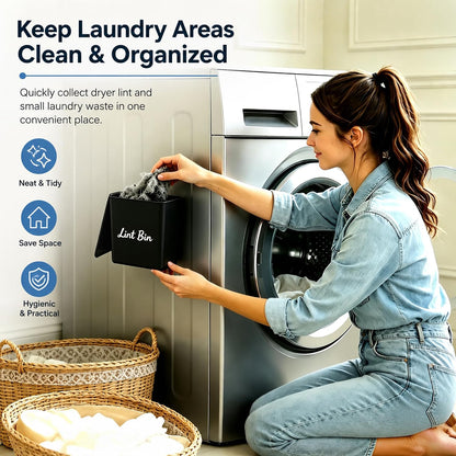 Magnetic Lint Bin with Lid for Laundry Room, Compact Plastic Dryer Lint Holder, Small Laundry Trash Container for Dryer Lint & Used Dryer Sheets, Space Saving Storage Decor Organizer (Black)