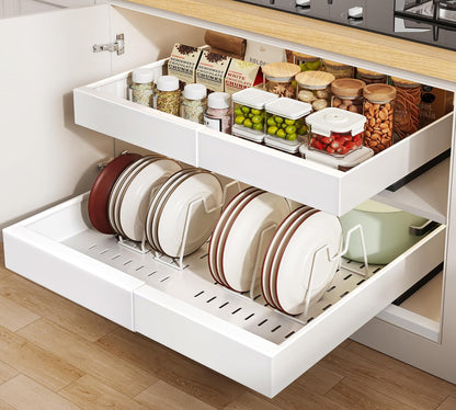 Seinloes 2Pack Pull out Cabinet Organizer 21"Deep with 4 Adjustable Dividers,Expandable（12.1"-20.4"W） Pots and Pans Organizer Under Cabinet with Raising Pad for Framed Cabinets,Slide out Drawers,White