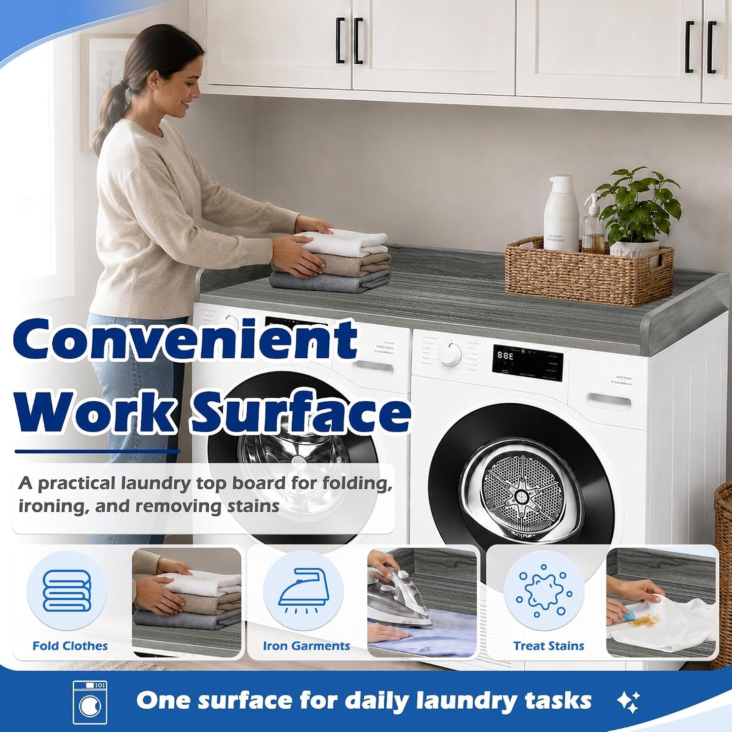 ROYXEN Washer Dryer Countertop, Laundry Countertop Solid Wood, Countertop for All Front-Loaded Washing Machine and Dryer, Extra Room for Laundry Room, Oak