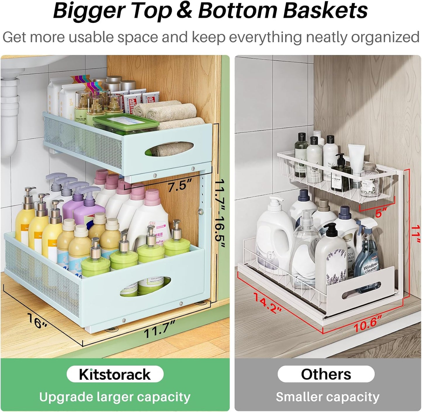 Under Sink Organizer, 2-Pack Pull Out Cabinet Organizer 2 Tier Metal Slide Out Storage Shelf Rack, L-Shaped Adjustable Height,Mesh Sliding Drawer for Kitchen, Bathroom, Laundry, Pantry, White, XL