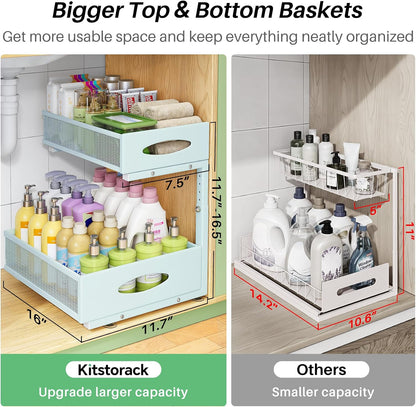 Under Sink Organizer, 2-Pack Pull Out Cabinet Organizer 2 Tier Metal Slide Out Storage Shelf Rack, L-Shaped Adjustable Height,Mesh Sliding Drawer for Kitchen, Bathroom, Laundry, Pantry, White, XL