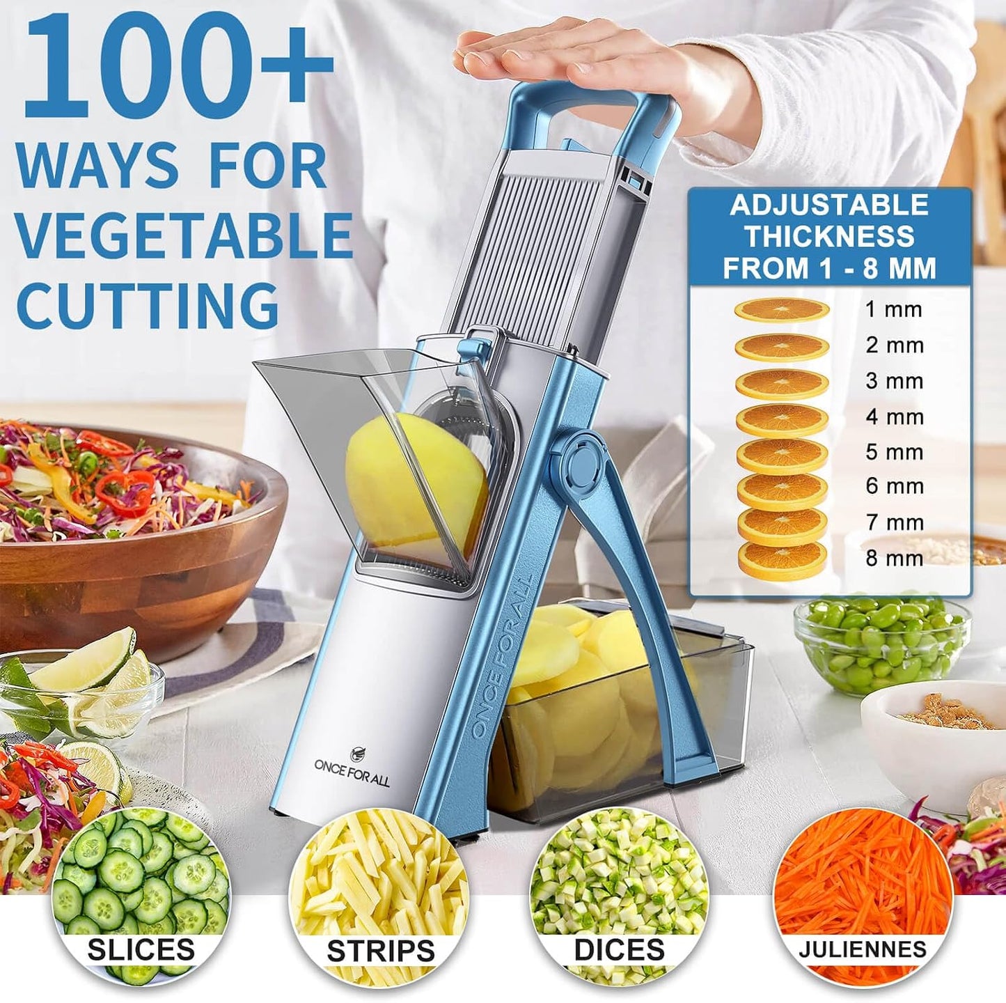 ONCE FOR ALL Safe Mandoline Slicer Plus, Bigger Size, Potato Slicer, Black | 0.1-8mm Adjustable Vegetable Food Chopper, Kitchen Mandoline Slicer Stainless Steel, Detachable Blade, Dishwasher-safe, Gift