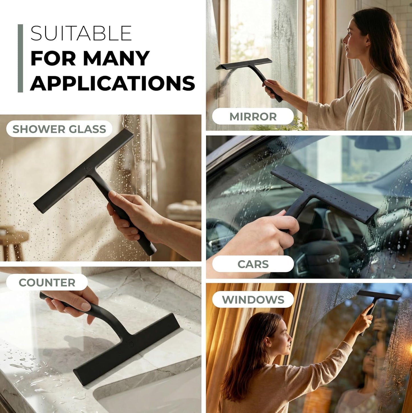 Silicone Shower Squeegee with 3-in-1 No-Drill Mount, Black, 9'' | Squeegee for Glass Doors & Mirrors with Stainless Steel Core, Streak-Free & No-Squeak Window Cleaning, Hook/Suction/Adhesive