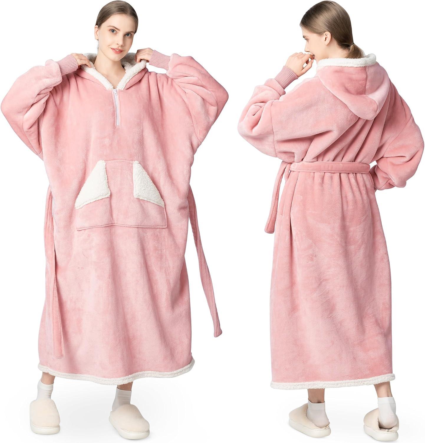 Wearable Blanket Hoodie, Oversized Sherpa Fleece Sweatshirt Blanket with Giant Hood Pocket and Sleeves for Adult, Warm & Cozy Grey Blanket Gifts for Women