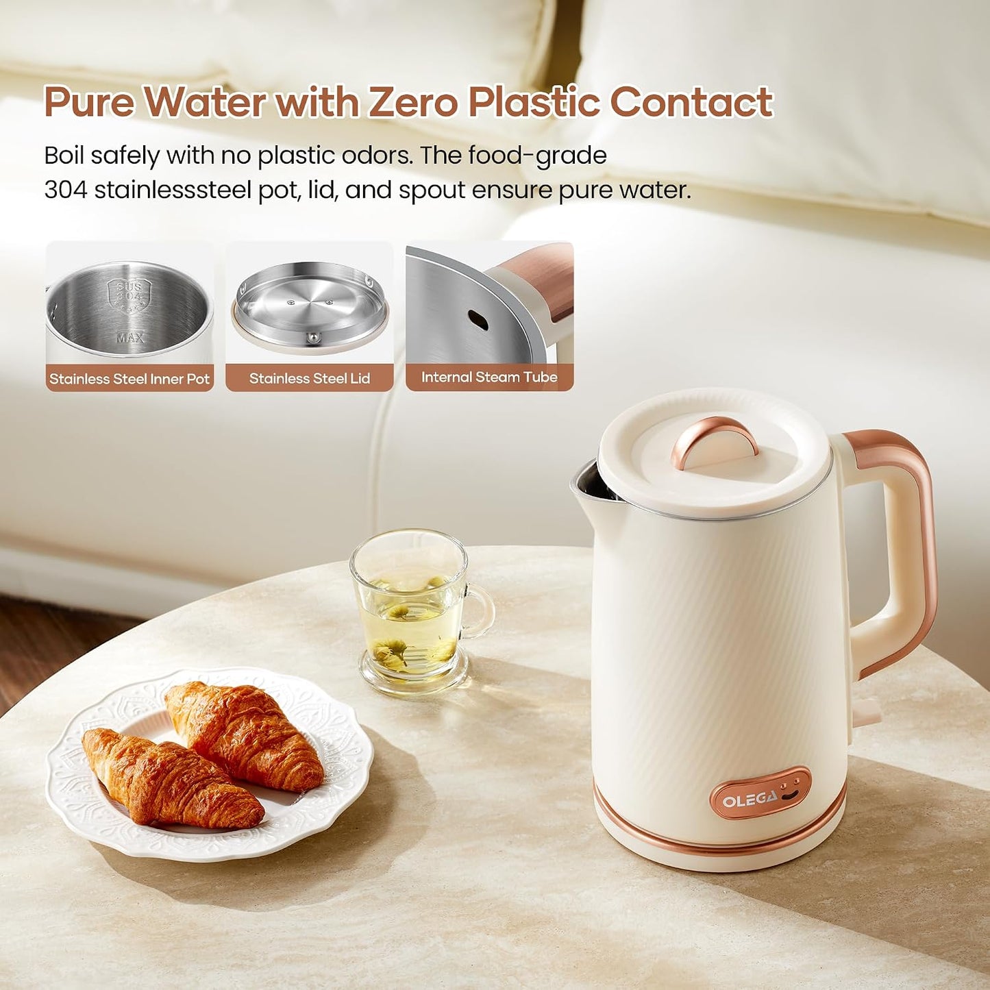 OLEGA Electric Tea Kettle: 1200W Fast Boil Electric Water Kettles 1.5L | Stainless Steel Kettle; Large Electric Water Kettle; Plastic Free Teapot; Auto Shut-Off Water Boiler; Fast Boil Kettles