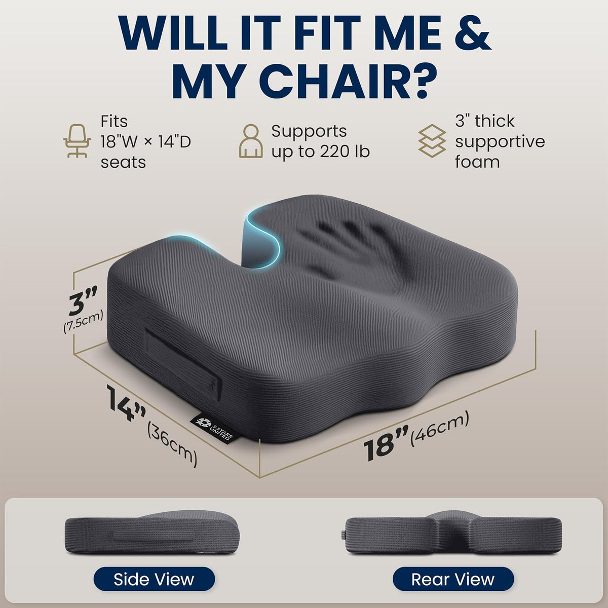 5 STARS UNITED Seat Cushion - Memory Foam Chair Cushion for Tailbone Pain Relief - Ergonomic Support for Coccyx, Sciatica & Butt - Office, Desk & Gaming Chair, Car Seat, Wheelchair, Airplane, Black