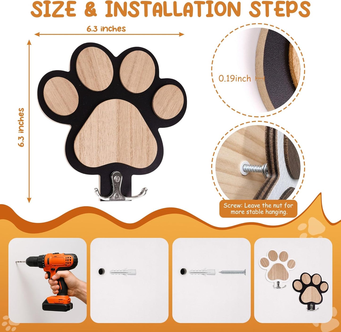 2-Pack Dog Leash Holder, Wooden Paw Wall Hooks for Entryway | Paw-shaped panels add playful pet decor, helping dog owners organize daily essentials without cluttering tables or floors
