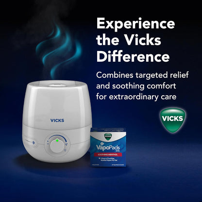 Vicks NaturalCare Cool Mist Ultrasonic Humidifier, White | Small Room Humidifier for Bedroom, Diffuser with Nighttime Light, Works with Vicks VapoPads