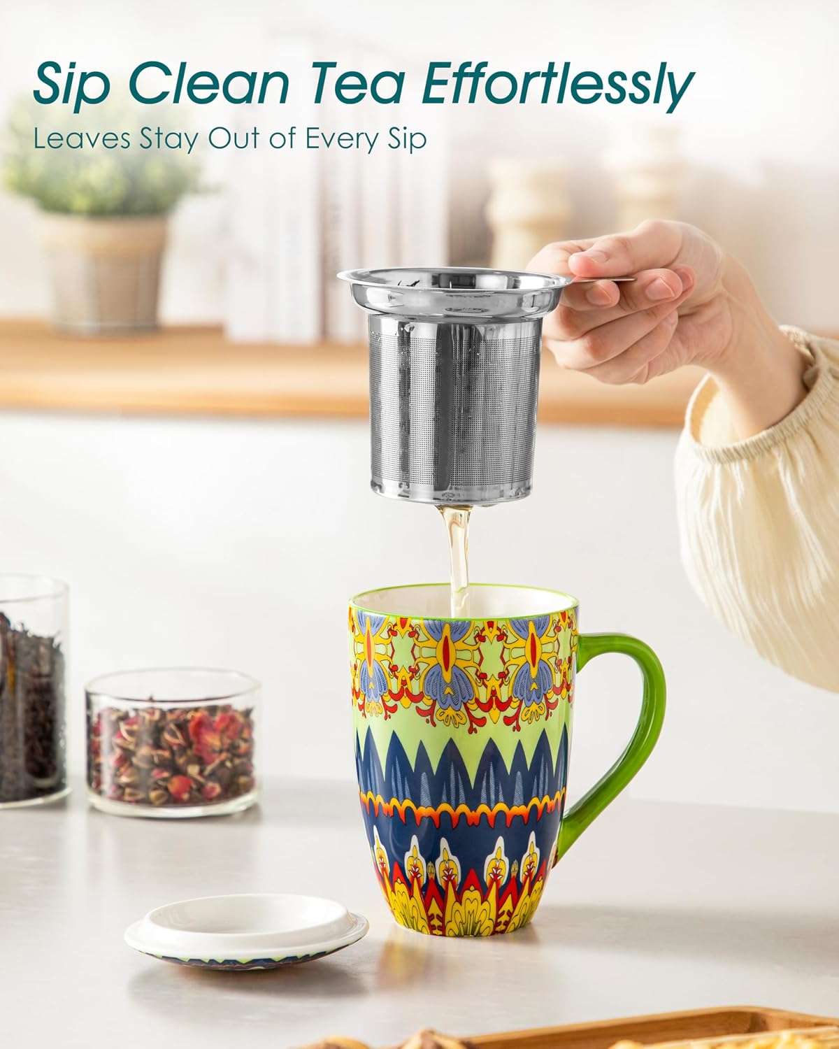 vancasso 18 Oz Tea Infuser Mug with Lid, Mint Petal Whirl | Eye catching Bohemian pattern, adds charm to any tea corner, ceramic mug with infuser, microwave and dishwasher safe