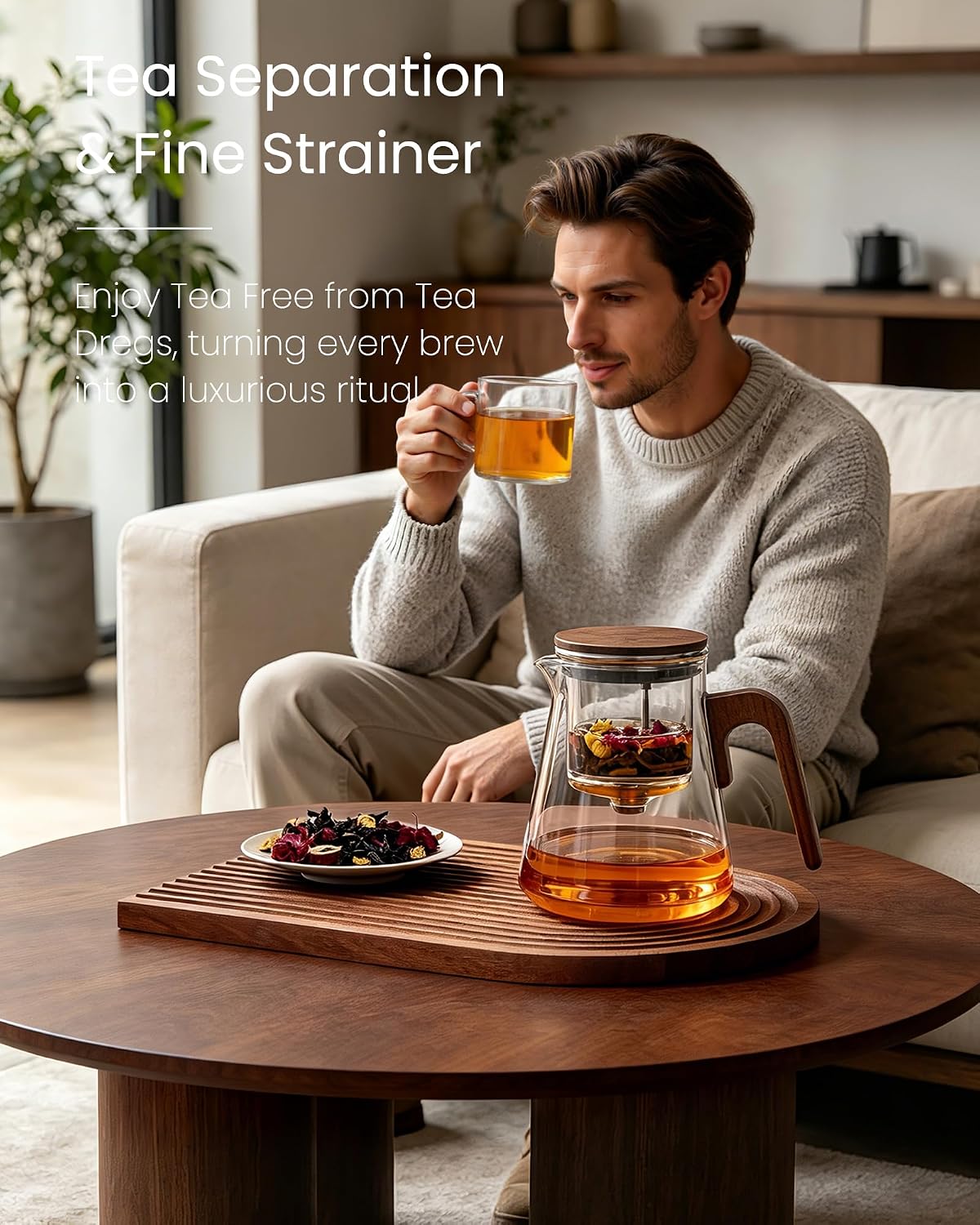ZENS Magnetic Glass Infuser Teapot for Loose Tea, 27oz Walnut Wood Handle | Magic Teapot with Infuser, Echanted Tea Maker, Mess-Free Loose Leaf Tea Diffusers for Tea lover Gifts