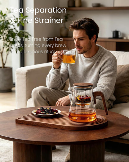 ZENS Magnetic Glass Infuser Teapot for Loose Tea, 27oz Walnut Wood Handle | Magic Teapot with Infuser, Echanted Tea Maker, Mess-Free Loose Leaf Tea Diffusers for Tea lover Gifts