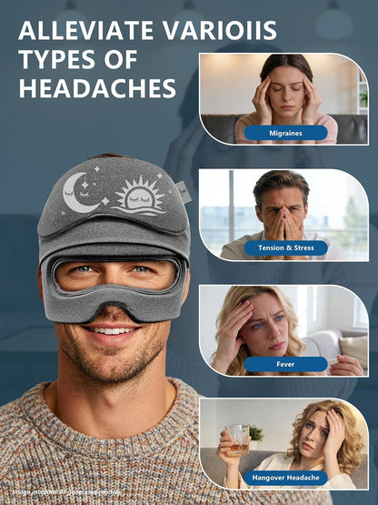Migraine Relief Cap with Flip-up Eye Mask for Headache & Stress Relief | Headache Relief Hat for Hangover, Tension-Cold Compress Head Wrap