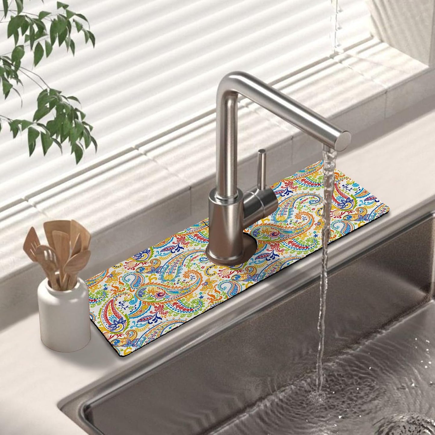 Kitchen Sink Splash Guard Faucet Mat 24" X 5.5" Tropical Leavesl Absorbent Fast Drying Mat Faucet Draining Mat Sink Splash Guard Behind Faucet Drip Catcher for Kitchen Bathroom