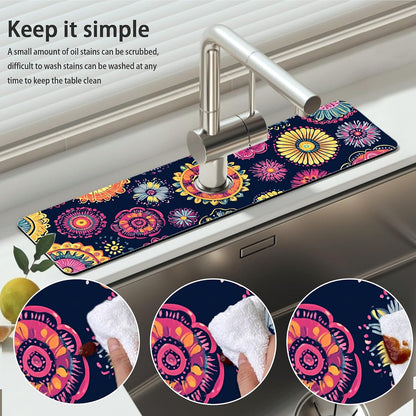 Bimkole 2 PCS Faucet Absorbent Mat, Kitchen Faucet Sink Splash Guard Wraparound Cloth Pads Drip Catcher for Sink Faucet for Kitchen Bathroom Faucet, Colorful Faucet Mat, 15 x 4 Inch Flower A6