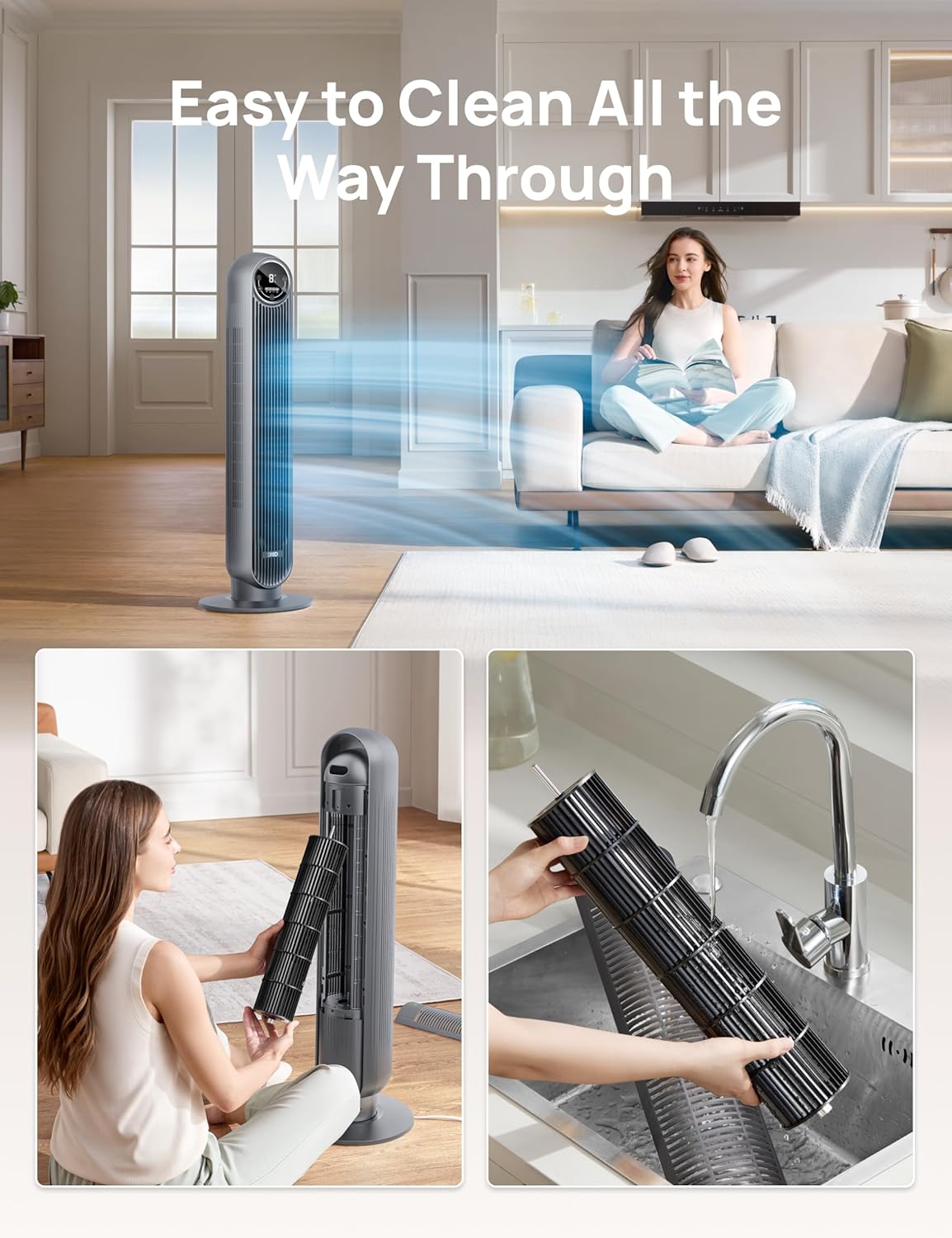 DREO Tower Fan for Bedroom, 26ft/s Velocity, 90° Oscillating, 8H Timer
