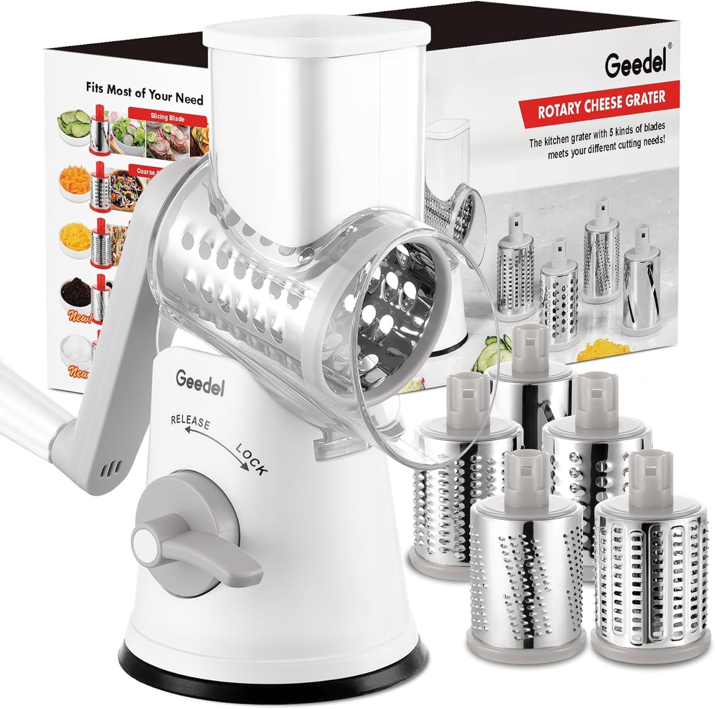 Geedel Rotary Cheese Grater, Kitchen Mandoline Vegetable Slicer with 3 Interchangeable Blades, Easy to Clean Rotary Grater Slicer for Fruit, Vegetables, Nuts | 3 Blades, 430 Stainless Steel, 12x Fast Cutting, Strong Suction Base, No BPA, Dishwasher Safe,