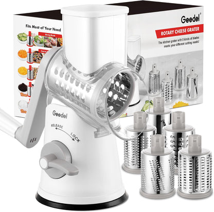 Geedel Rotary Cheese Grater, Kitchen Mandoline Vegetable Slicer with 3 Interchangeable Blades, Easy to Clean Rotary Grater Slicer for Fruit, Vegetables, Nuts | 3 Blades, 430 Stainless Steel, 12x Fast Cutting, Strong Suction Base, No BPA, Dishwasher Safe,
