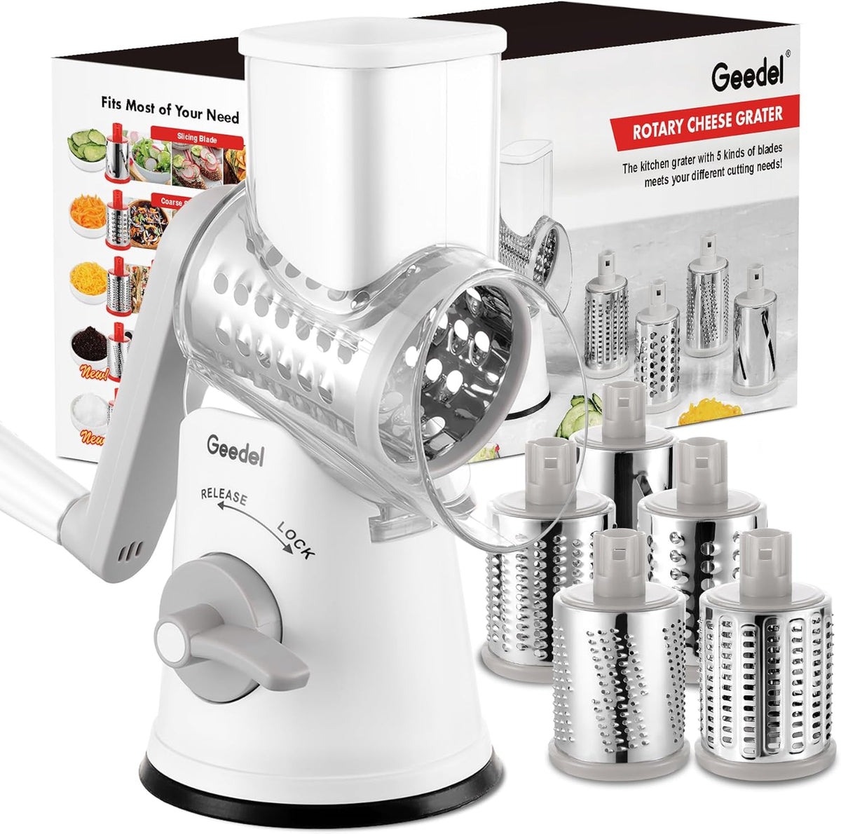 Geedel Rotary Cheese Grater, Kitchen Mandoline Vegetable Slicer with 3 Interchangeable Blades, Easy to Clean Rotary Grater Slicer for Fruit, Vegetables, Nuts