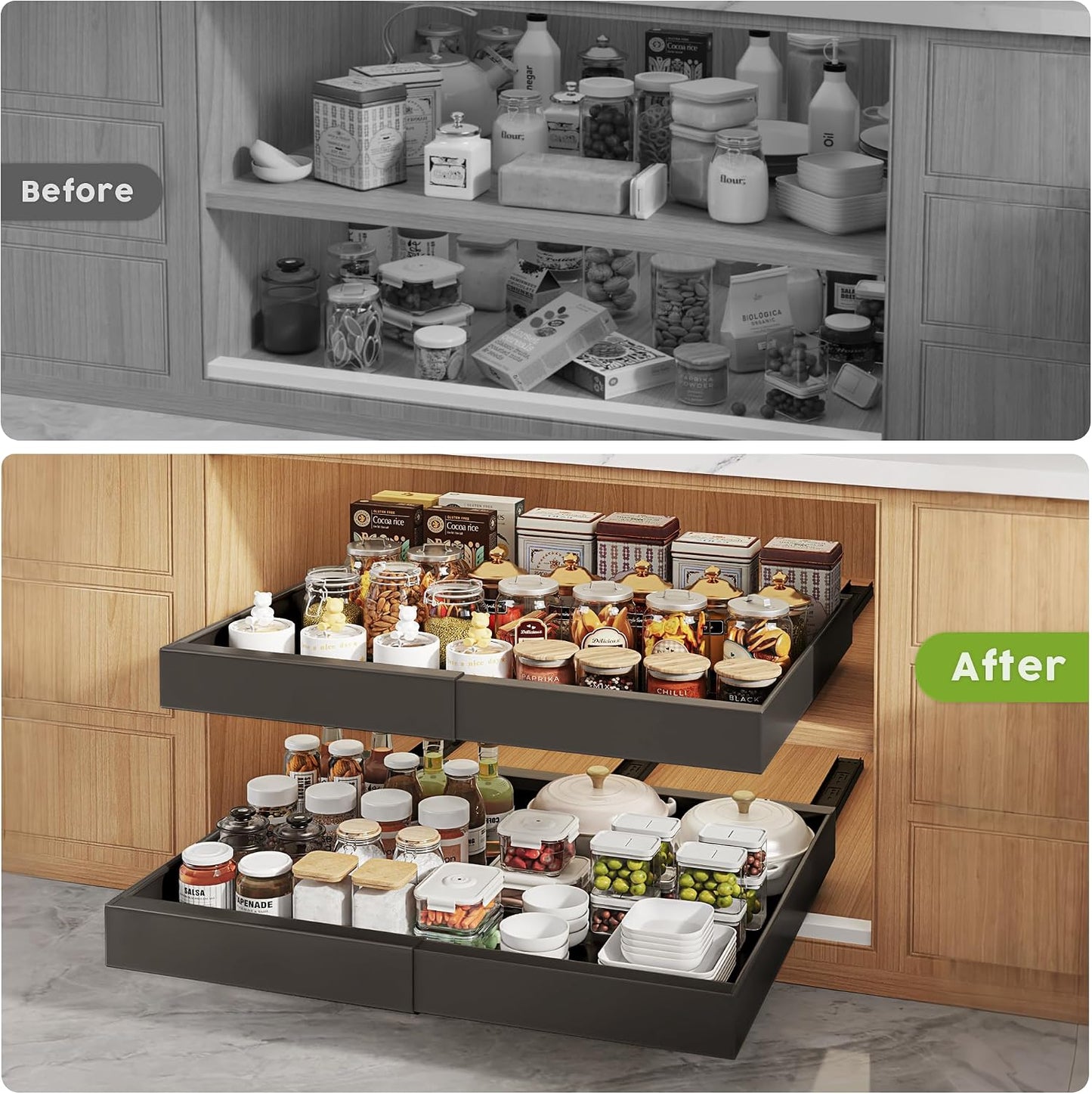 Seinloes 2 Pack Pull Out Cabinet Organizers 21"Deep with Raising Pad for Framed Cabinets,Expandable Slide Out Drawers Upgrade 3 Slide Rails,Roll Out Shelves Adhesive,Adjustable Width 12"-20.45" White
