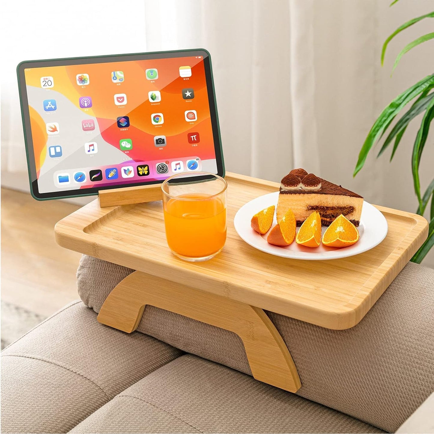 Couch Arm Tray,Bamboo Sofa Clip on Side Table,Foldable Couch Armrest Table with 360°Rotating Phone Holder,Anti Slip Food Trays for Eating/Drinks/Snacks/Remotes 15.35" x 9.85"