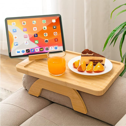 Couch Arm Tray,Bamboo Sofa Clip on Side Table,Foldable Couch Armrest Table with 360°Rotating Phone Holder,Anti Slip Food Trays for Eating/Drinks/Snacks/Remotes 15.35" x 9.85"