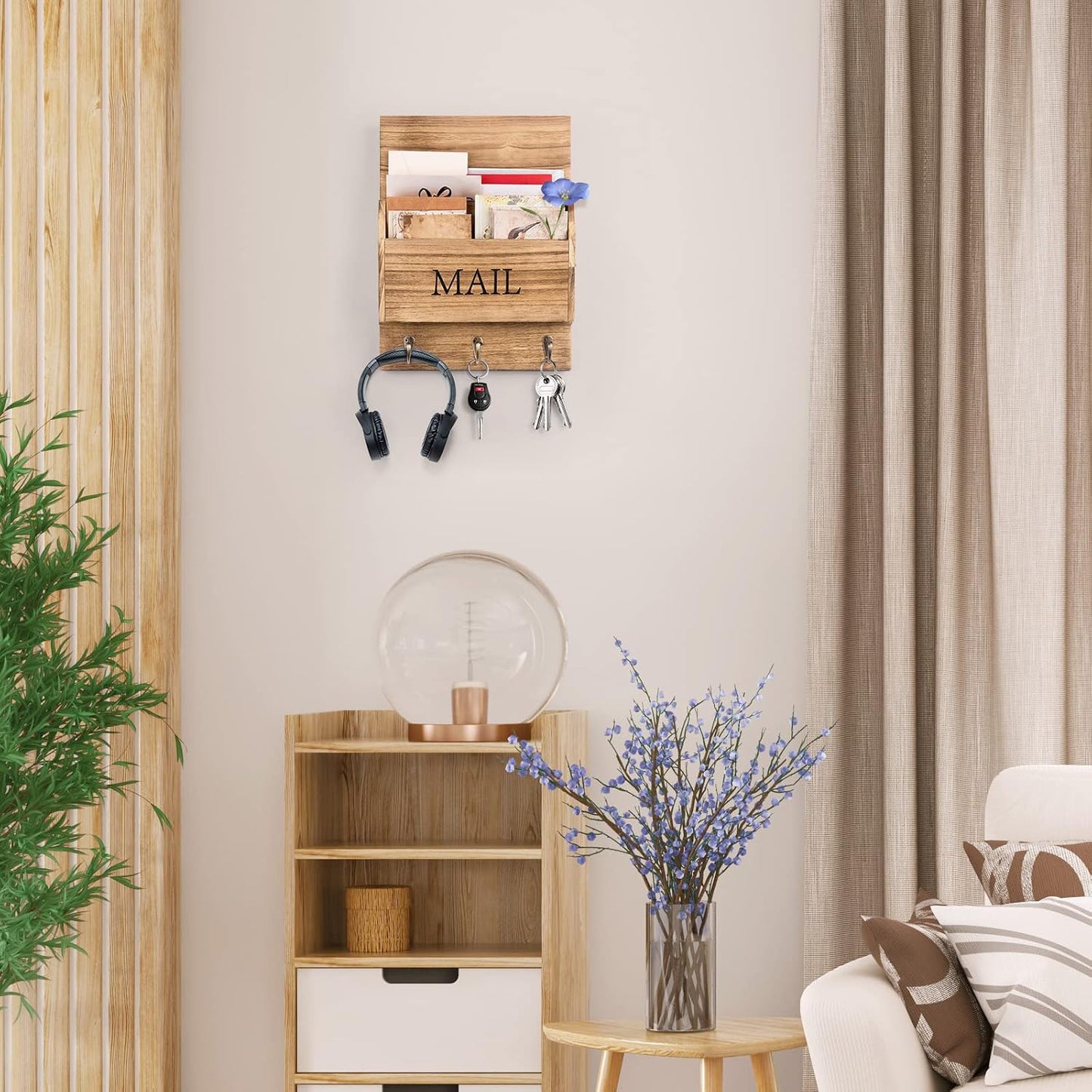 DLQuarts Solid Wood Mail Organizer with Key Holder for Wall, Mail Sorter Wall Mounted, Decorative Wooden Key and Mail Holder with 3 Hooks, White