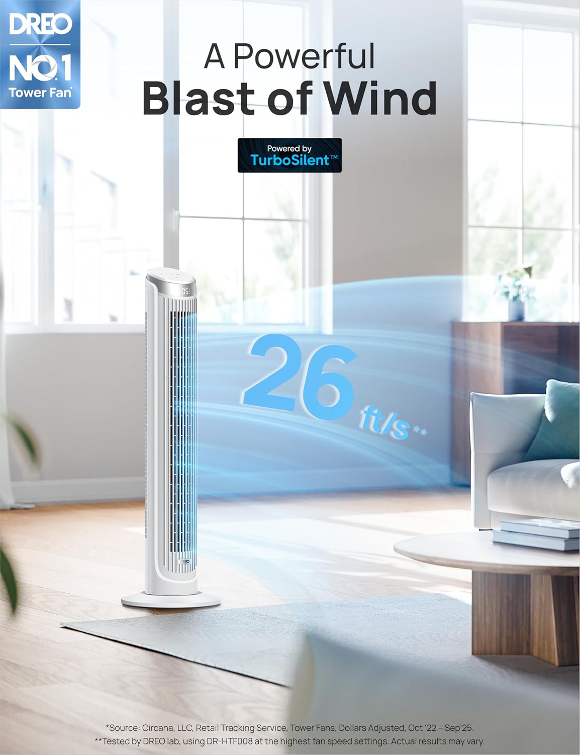 DREO Tower Fan for Bedroom, 90° Oscillating Fans that Blow Cold Air