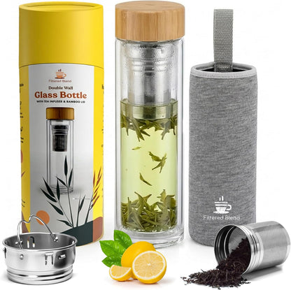 15oz Double Wall Glass Water Bottle with Bamboo Lid and Tea Infuser – Insulated, Leak-Proof, and Eco-Friendly Travel Tea Mug with Filter for Hot or Cold Beverages | Built-In Filter, Leak-Proof Double-Wall Glass, Loose-Leaf Tea, Fruit-Infused Water,