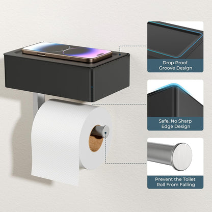 FORIOUS Toilet Paper Holder with Shelf, Wall-Mounted Modern Wipes Dispenser | Brushed Nickel | Toilet Paper Holder with Storage for Bathroom | Fits Wipes, Sanitary Napkin, Tampon | 8.0"x5.3" Large Shelf