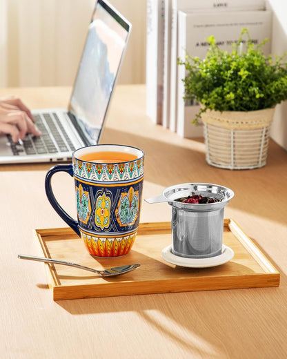 vancasso 18 Oz Tea Infuser Mug with Lid, Mint Petal Whirl | Eye catching Bohemian pattern, adds charm to any tea corner, ceramic mug with infuser, microwave and dishwasher safe