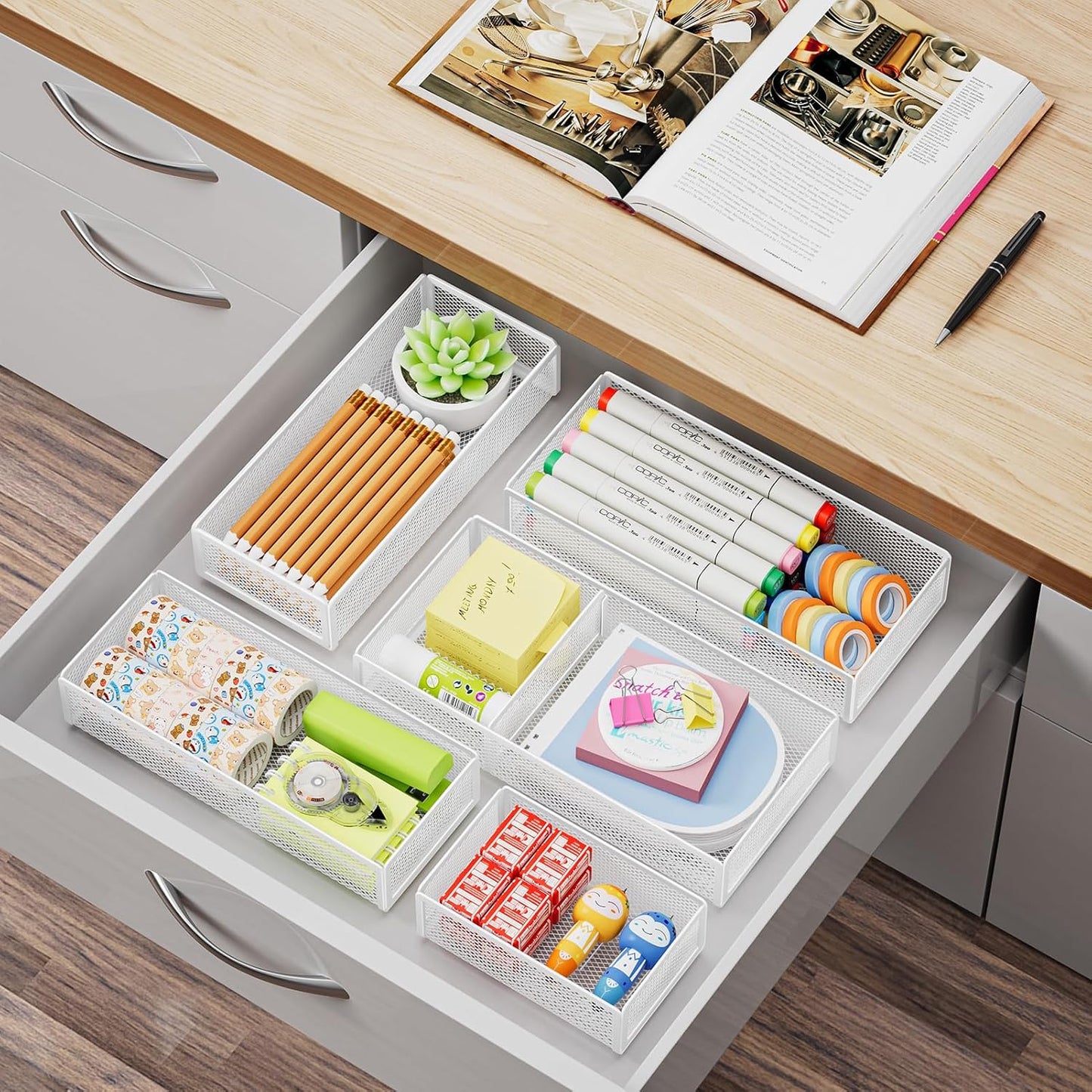 Marbrasse 5 Pack Desk Drawer Organizer Set, Mesh Drawer Storage Trays with 1 Adjustable Divider, Desk Organizers and Accessories, 5 PCS Drawer for Office Supplies, Makeup & Vanity (Black)