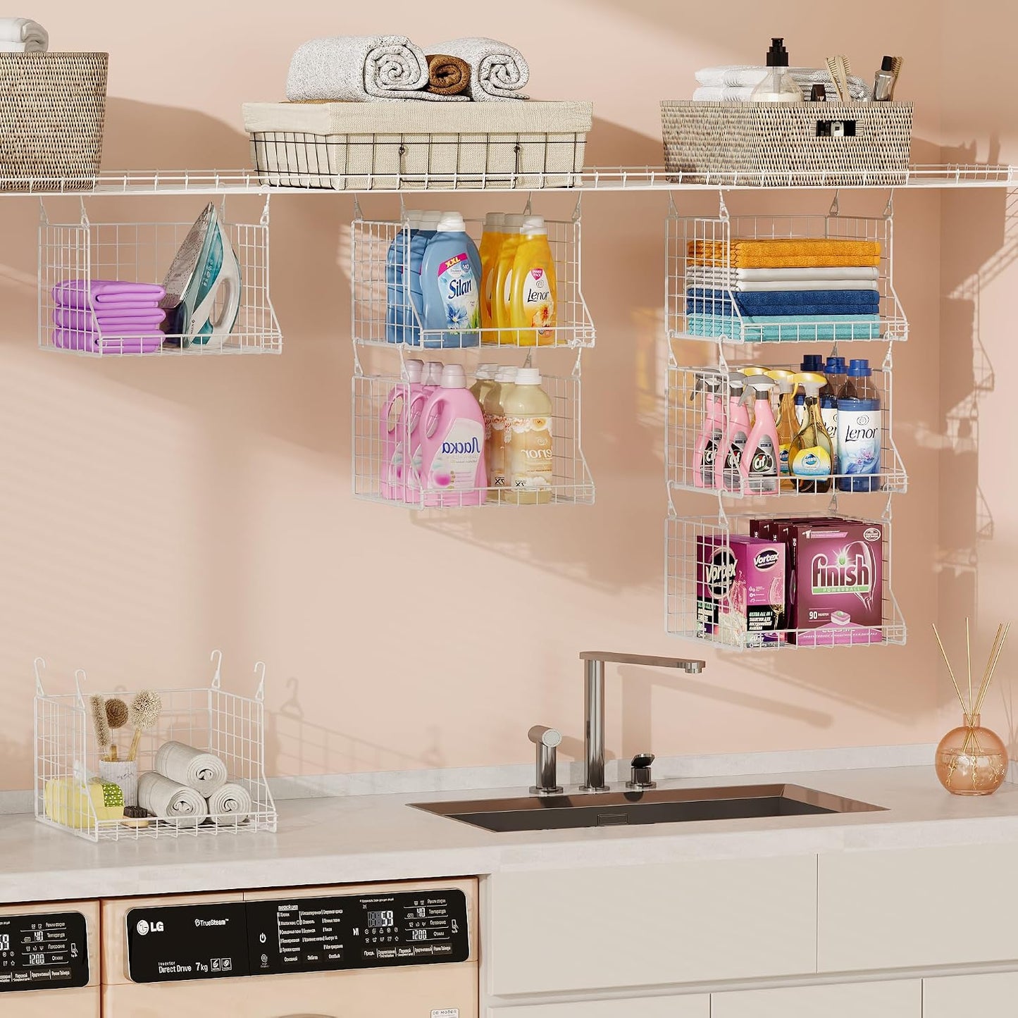 3-Tier Foldable Laundry Basket Organizer with Rotating Hooks(no wire shelf) | Space-Saving Over Washer and Dryer Shelf for Laundry Room Organization and Storage, Durable Wire Shelving Unit, White